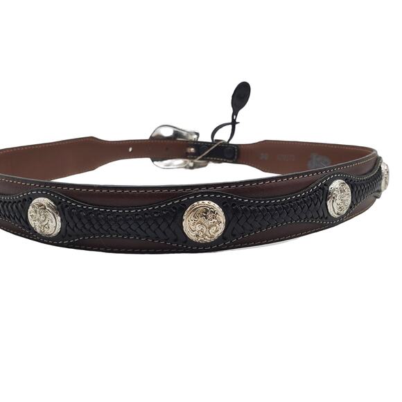 Justin Brown Black Leather Belt Braided Western Conchos Silver Tooled Buckle 30 - Picture 7 of 13